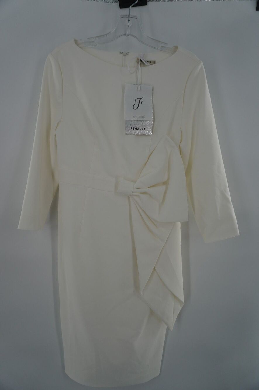FEHAUTE Cream White Side Bow Long Sleeve Sheath Midi Cocktail Dress Sz 4 NWT